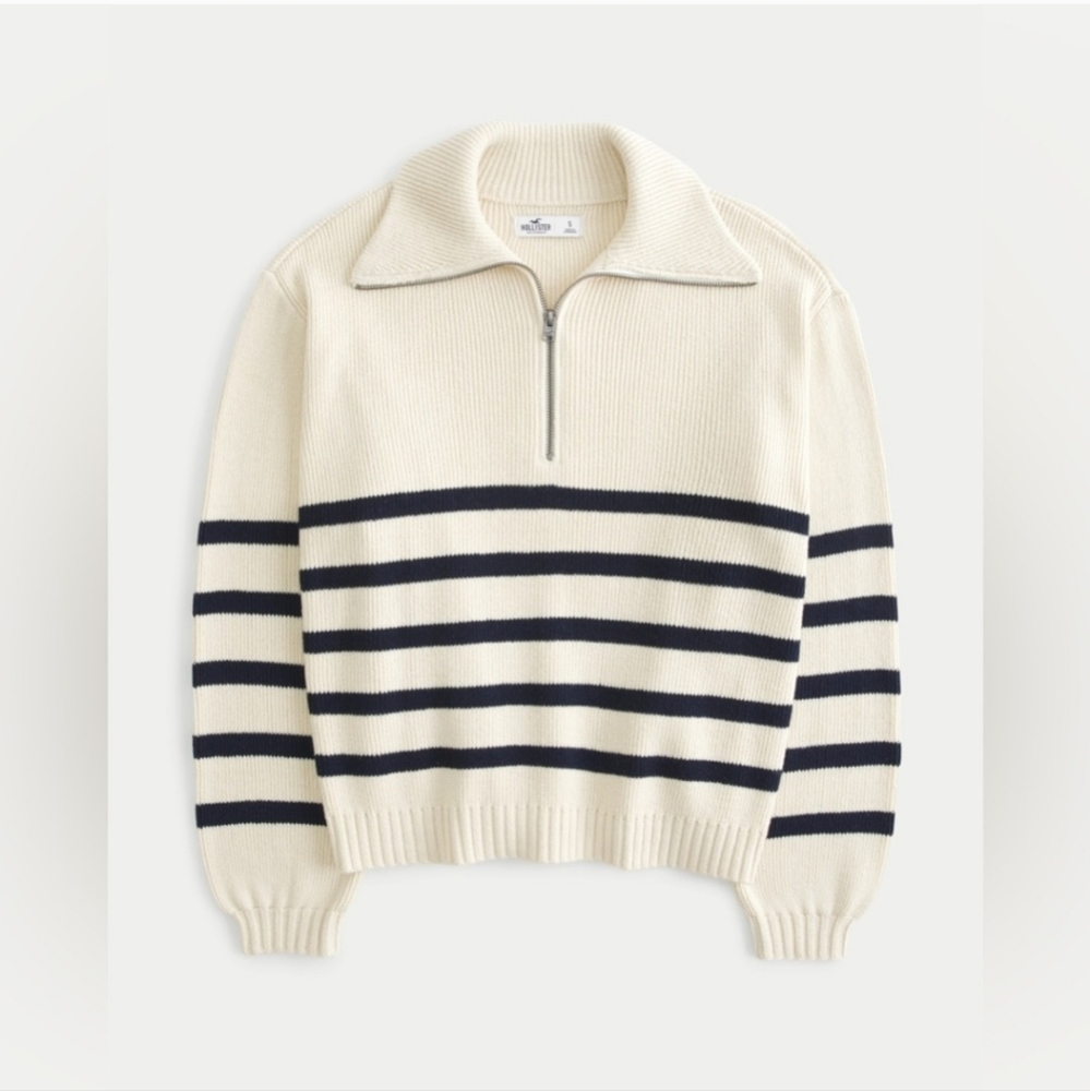 Hollister Cream and Navy Quarter Zip Sweater with Ribbed Cuffs